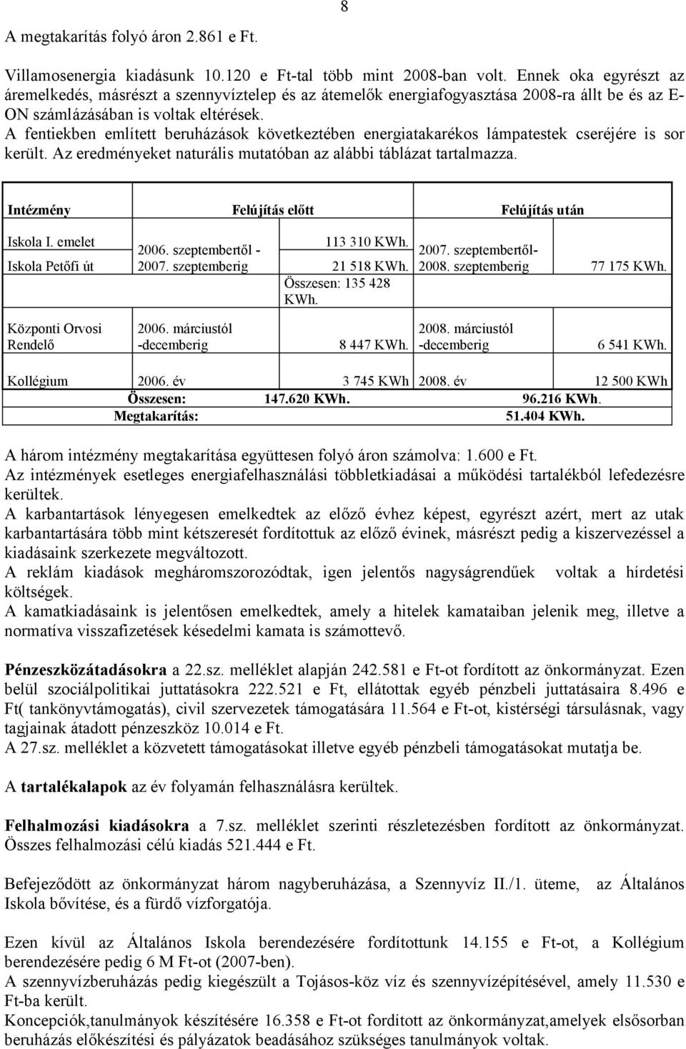 A fentiekben említett beruházások következtében energiatakarékos lámpatestek cseréjére is sor került. Az eredményeket naturális mutatóban az alábbi táblázat tartalmazza.