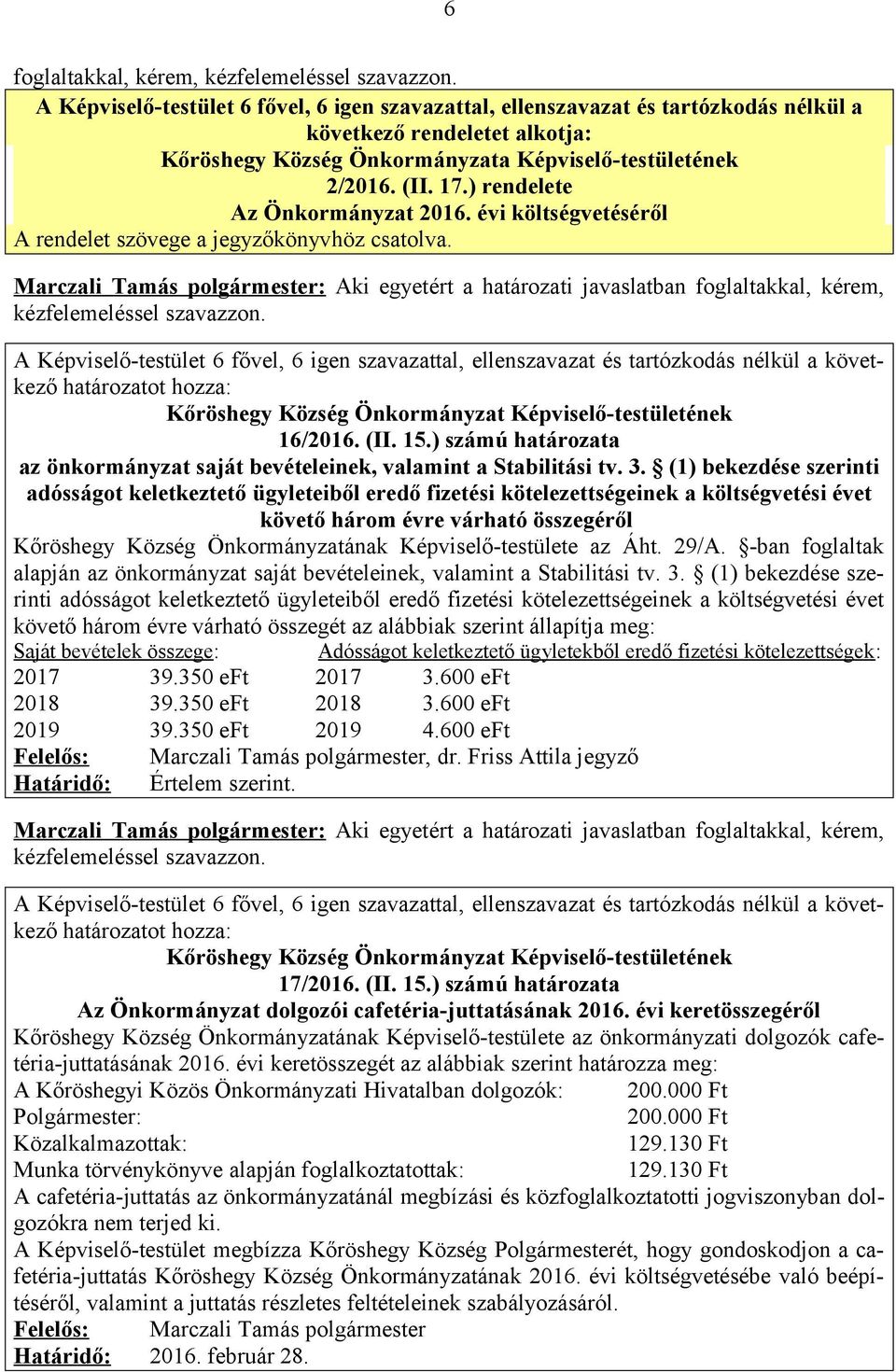 ) rendelete Az Önkormányzat 2016. évi költségvetéséről A rendelet szövege a jegyzőkönyvhöz csatolva.