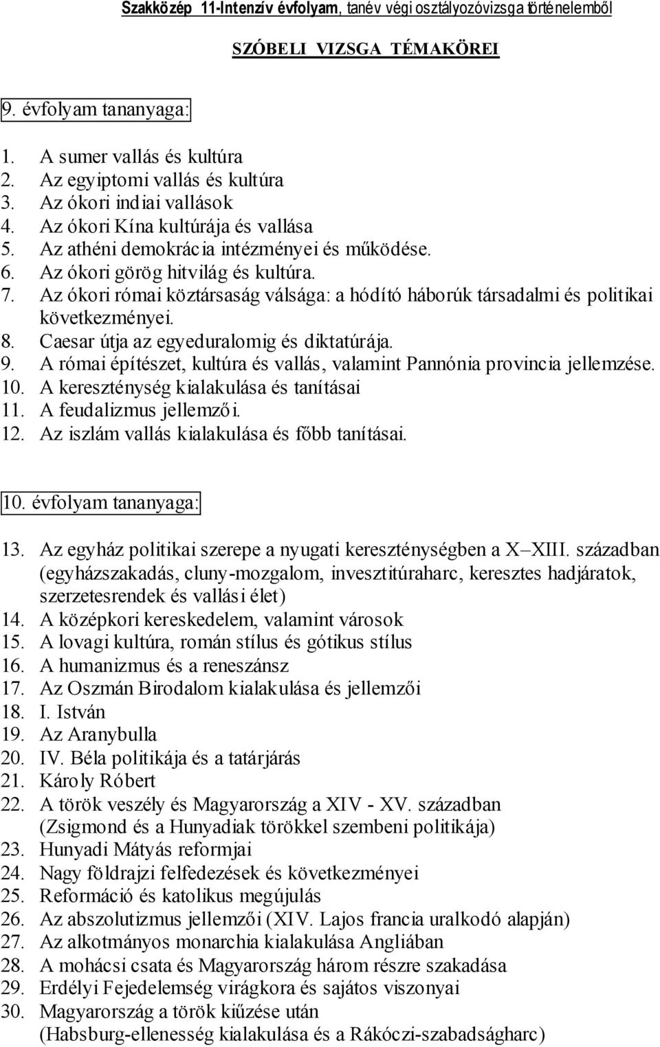 Caesar útja az egyeduralomig és diktatúrája. 9. A római építészet, kultúra és vallás, valamint Pannónia provincia jellemzése. 10. A kereszténység kialakulása és tanításai 11. A feudalizmus jellemzői.