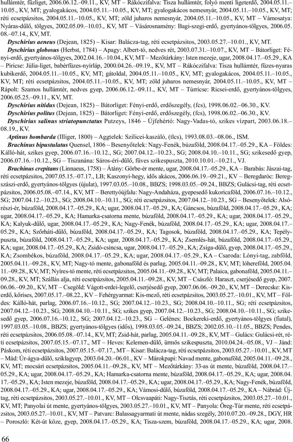 , KV, MT Vásárosnamény: Bagi-szegi-erdõ, gyertyános-tölgyes, 2006.05. 08. 07.14., KV, MT. Dyschirius aeneus (Dejean, 1825) Kisar: Balácza-tag, réti ecsetpázsitos, 2003.05.27. 10.01., KV, MT. Dyschirius globosus (Herbst, 1784) Apagy: Albert-tó, nedves rét, 2003.