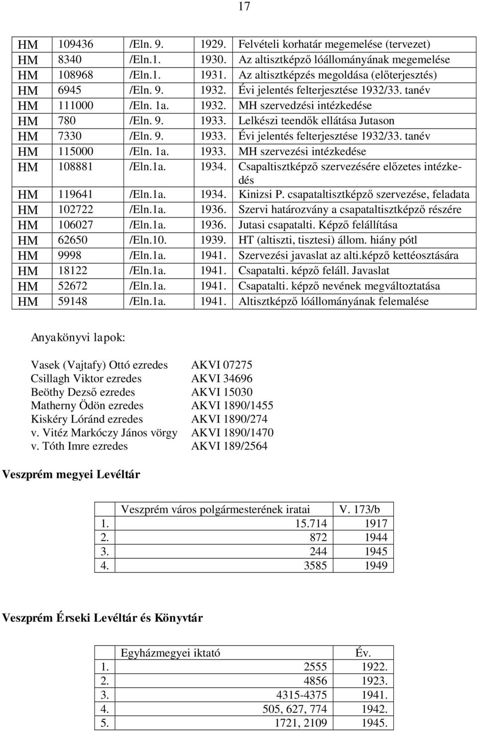 Lelkészi teendők ellátása Jutason HM 7330 /Eln. 9. 1933. Évi jelentés felterjesztése 1932/33. tanév HM 115000 /Eln. 1a. 1933. MH szervezési intézkedése HM 108881 /Eln.1a. 1934.