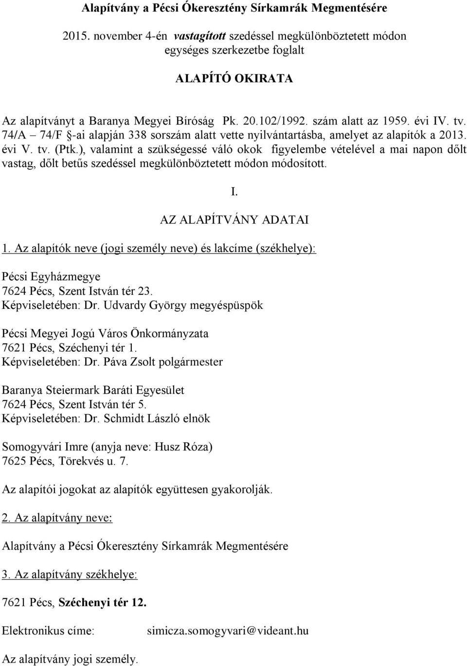 74/A 74/F -ai alapján 338 sorszám alatt vette nyilvántartásba, amelyet az alapítók a 2013. évi V. tv. (Ptk.