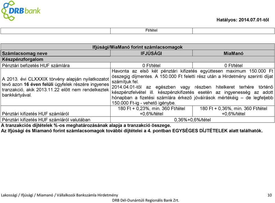 Havonta az első két pénztári kifizetés együttesen maximum 150.00 összegig díjmentes. A 150.00 feletti rész után a Hirdetmény szerinti díjat számítjuk fel. 2014.04.