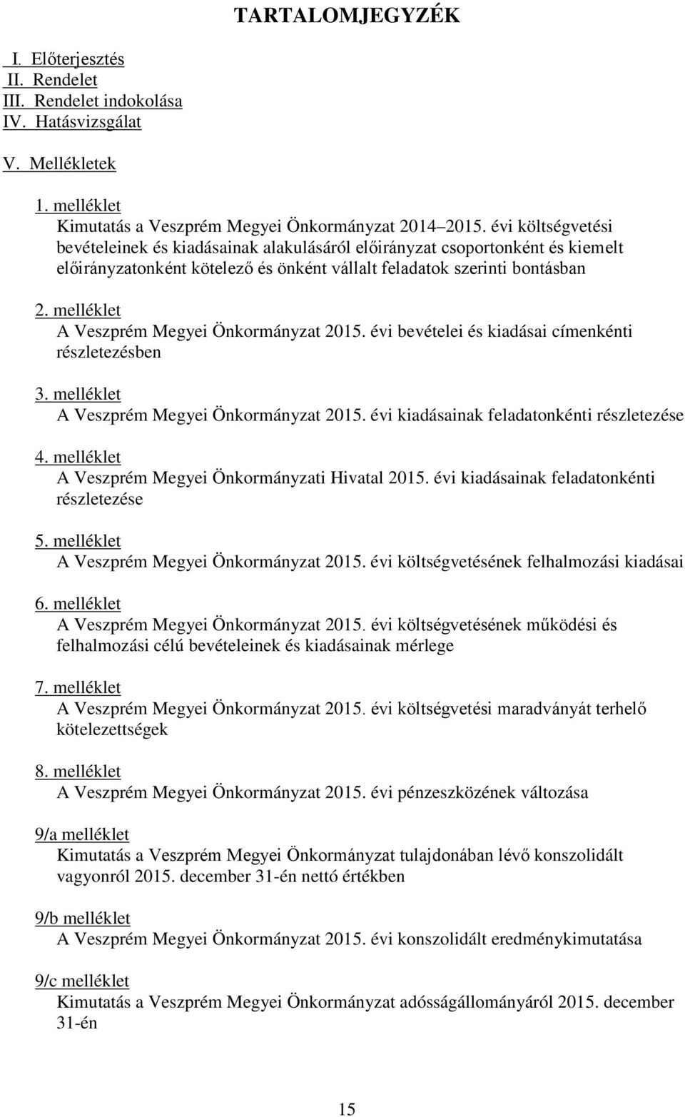 2. melléklet A Veszprém Megyei Önkormányzat bevételei és kiadásai címenkénti részletezésben 3. melléklet A Veszprém Megyei Önkormányzat kiadásainak feladatonkénti részletezése 4.