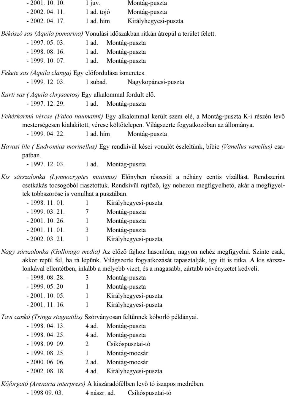 Nagykopáncsi-puszta Szirti sas ( Aquila chrysaetos) Egy alkalommal fordult elő. - 1997. 12. 29. 1 ad.