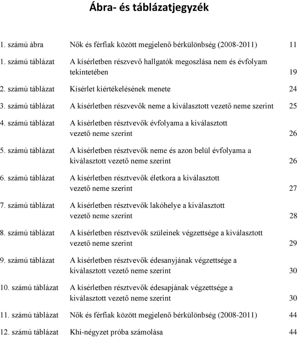 számú táblázat A kísérletben résztvevők évfolyama a kiválasztott vezető neme szerint 26 5. számú táblázat A kísérletben résztvevők neme és azon belül évfolyama a kiválasztott vezető neme szerint 26 6.