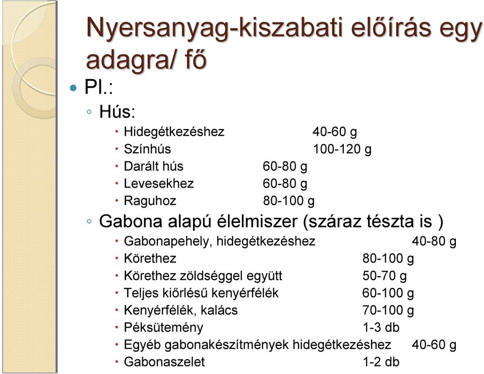 alapú élelmiszer (száraz tészta is ) Gabonapehely, hidegétkezéshez 40-80 g Körethez 80-100 g Körethez