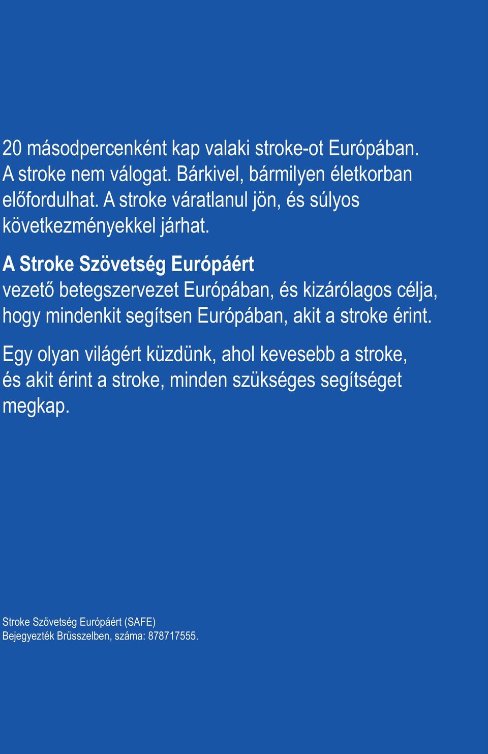 A Stroke Szövetség Európáért vezető betegszervezet Európában, és kizárólagos célja, hogy mindenkit segítsen Európában, akit a