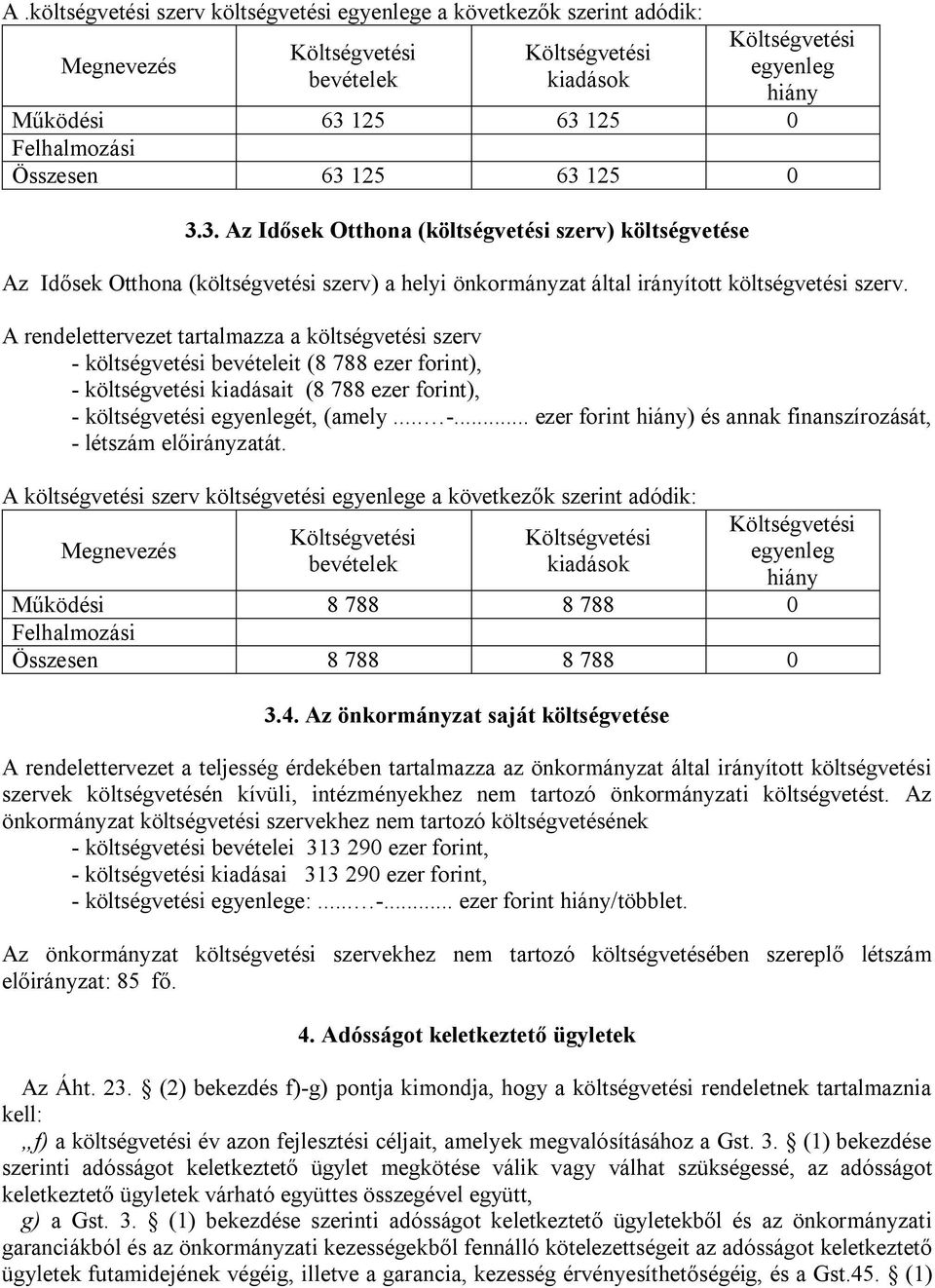 A rendelettervezet tartalmazza a költségvetési szerv - költségvetési bevételeit (8 788 ezer forint), - költségvetési kiadásait (8 788 ezer forint), - költségvetési egyenlegét, (amely... -... ezer forint hiány) és annak finanszírozását, - létszám előirányzatát.