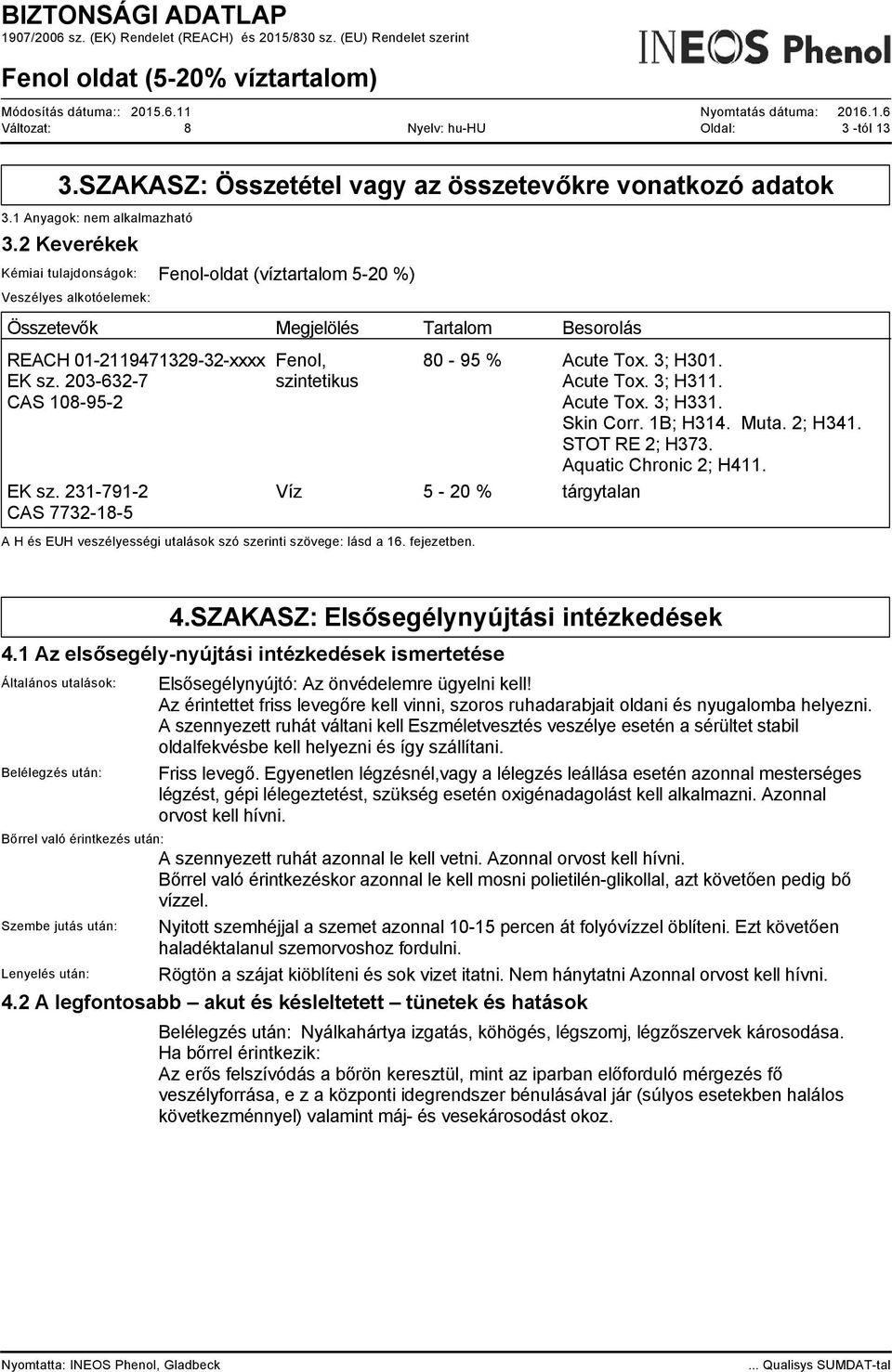 231-791-2 CAS 7732-18-5 Fenol, szintetikus 80-95 % Acute Tox. 3; H301. Acute Tox. 3; H311. Acute Tox. 3; H331. Skin Corr. 1B; H314. Muta. 2; H341. STOT RE 2; H373. Aquatic Chronic 2; H411.