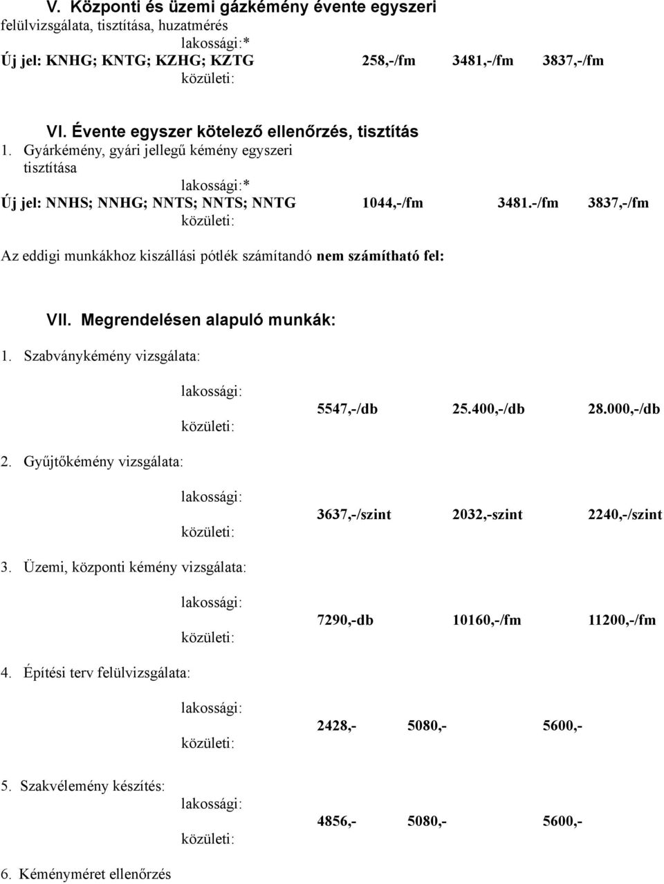 -/fm 3837,-/fm közületi: Az eddigi munkákhoz kiszállási pótlék számítandó nem számítható fel: VII. Megrendelésen alapuló munkák: 1. Szabványkémény vizsgálata: lakossági: közületi: 5547,-/db 25.