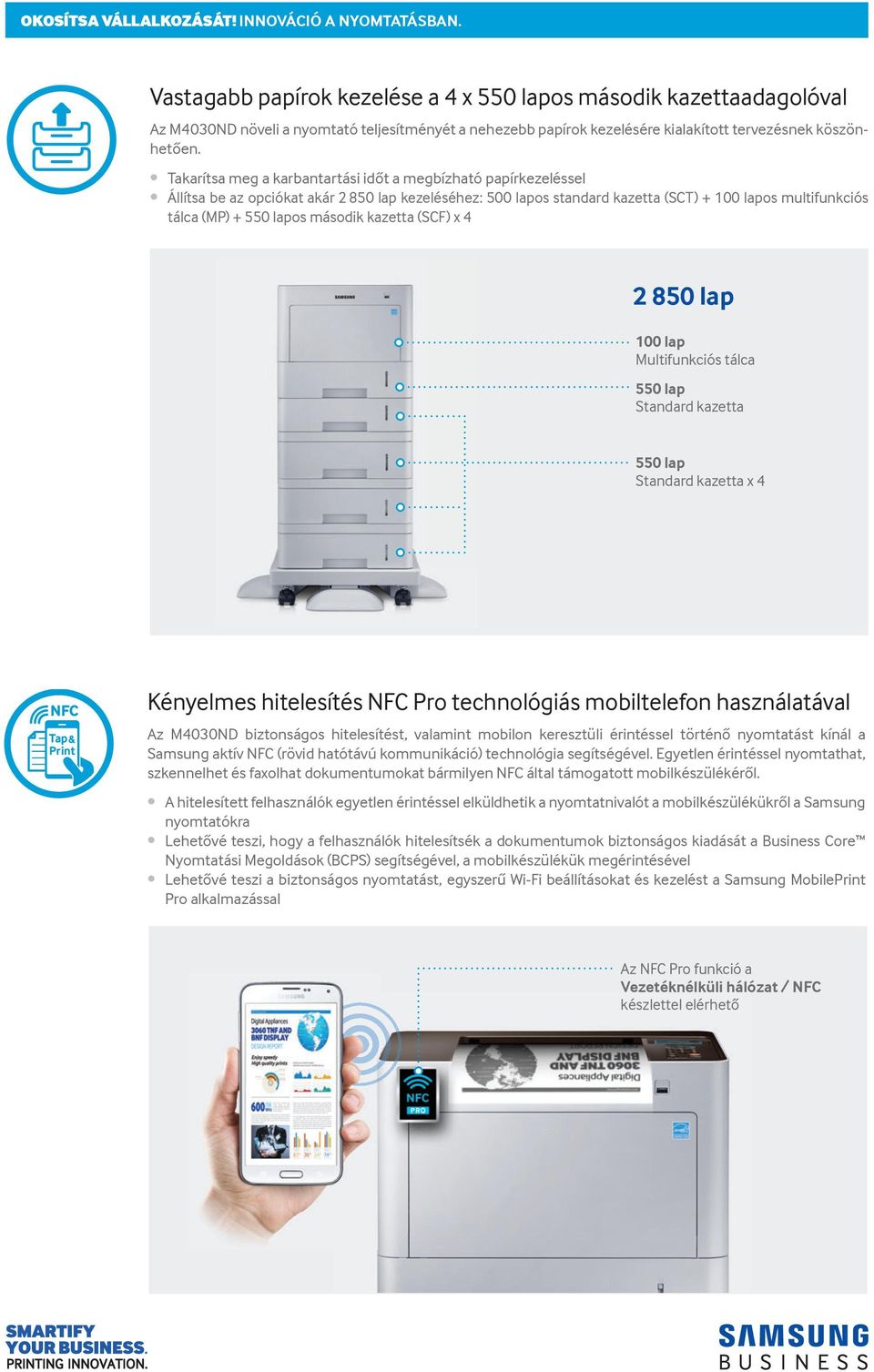 második kazetta (SCF) x 4 2 850 lap 100 lap Multifunkciós tálca 550 lap Standard kazetta 550 lap Standard kazetta x 4 Kényelmes hitelesítés NFC Pro technológiás mobiltelefon használatával Az M4030ND