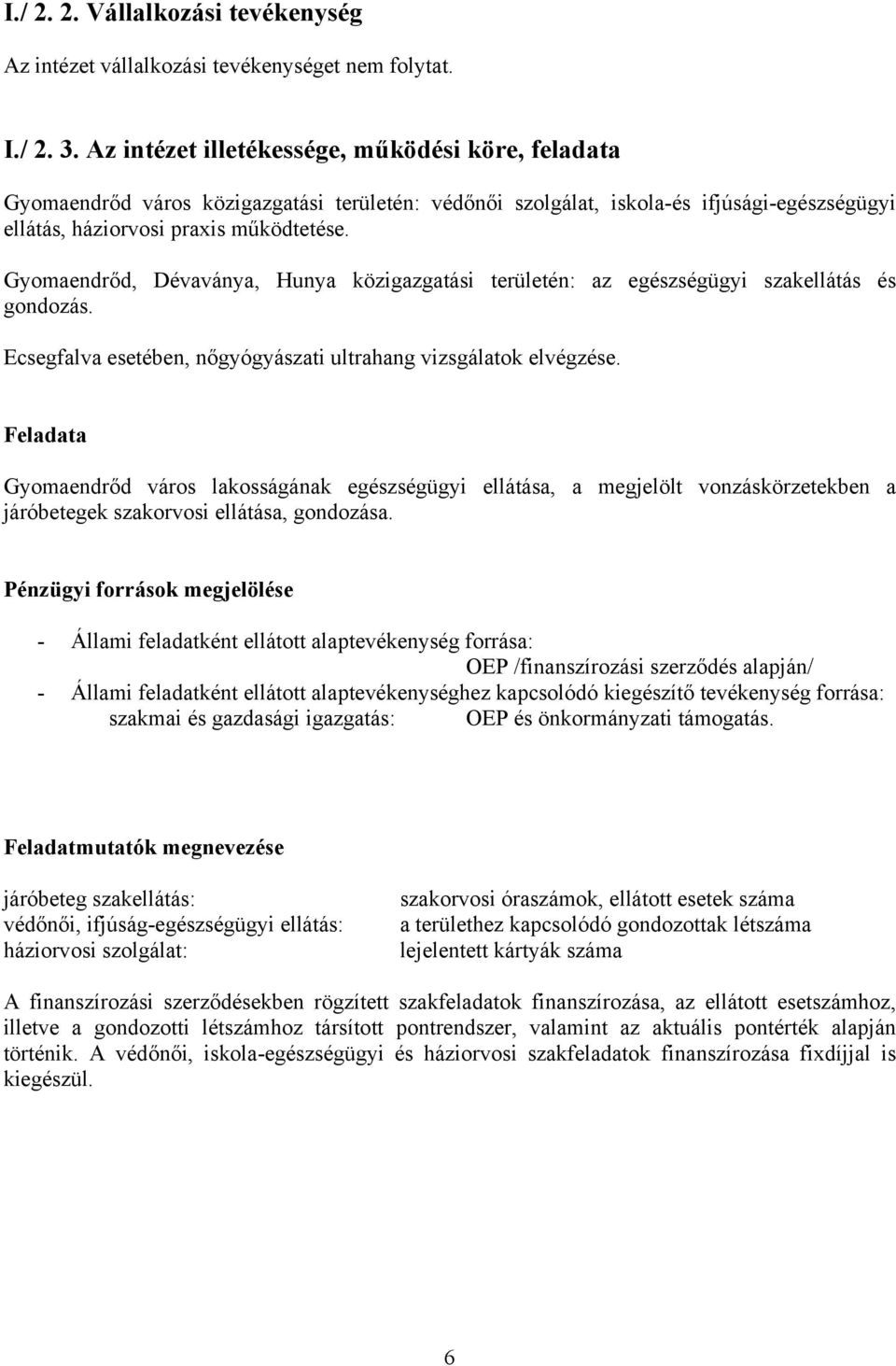 Gyomaendrőd, Dévaványa, Hunya közigazgatási területén: az egészségügyi szakellátás és gondozás. Ecsegfalva esetében, nőgyógyászati ultrahang vizsgálatok elvégzése.