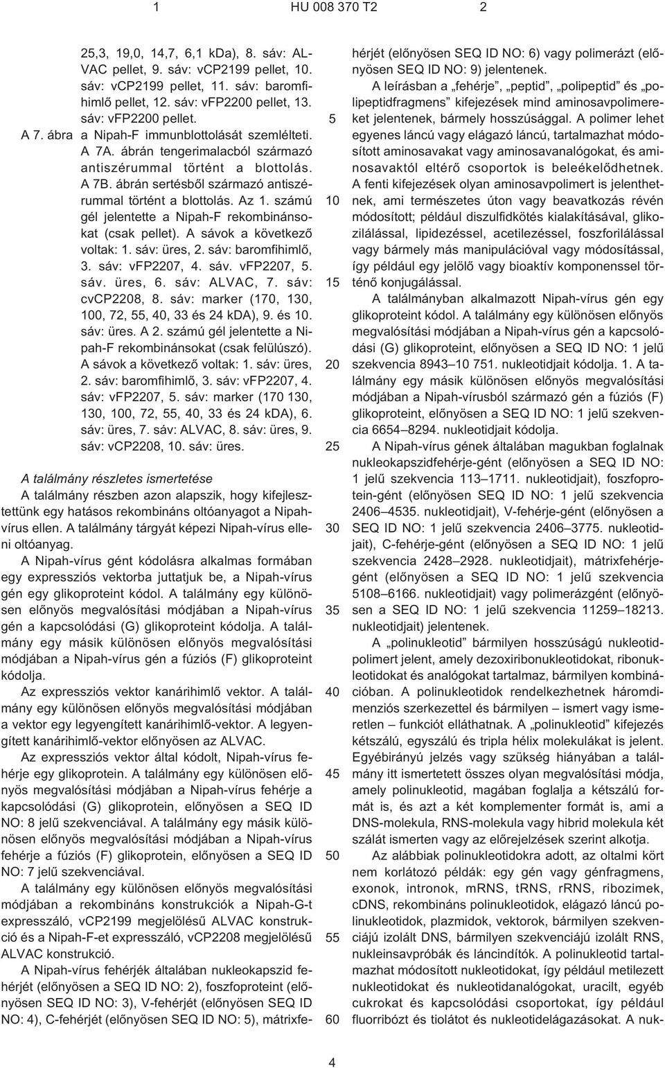 számú gél jelentette a Nipah¹F rekombinánsokat (csak pellet). A sávok a következõ voltak: 1. sáv: üres, 2. sáv: baromfihimlõ, 3. sáv: vfp2207, 4. sáv. vfp2207, 5. sáv. üres, 6. sáv: ALVAC, 7.