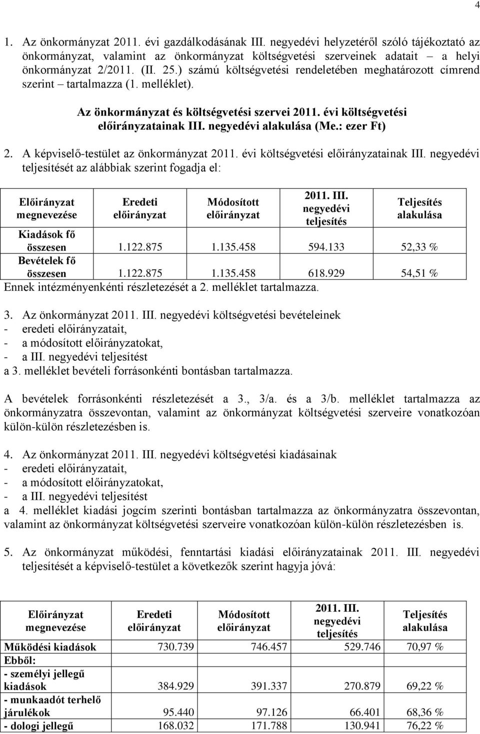 negyedévi alakulása (Me.: ezer Ft) 2. A képviselő-testület az önkormányzat 2011. évi költségvetési előirányzatainak III.