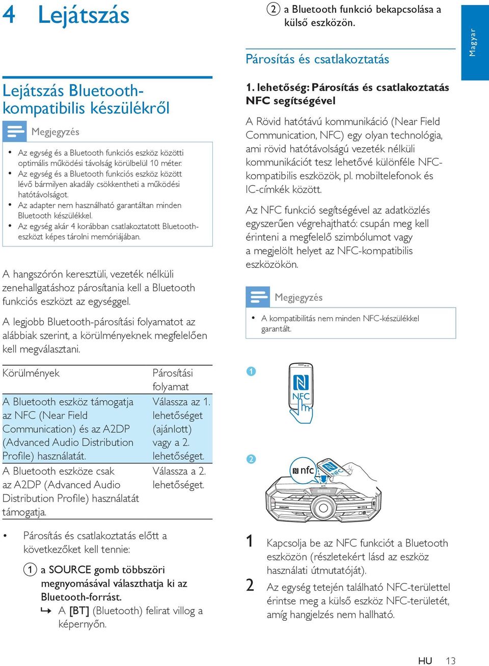 Az egység és a Bluetooth funkciós eszköz között lévő bármilyen akadály csökkentheti a működési hatótávolságot. Az adapter nem használható garantáltan minden Bluetooth készülékkel.