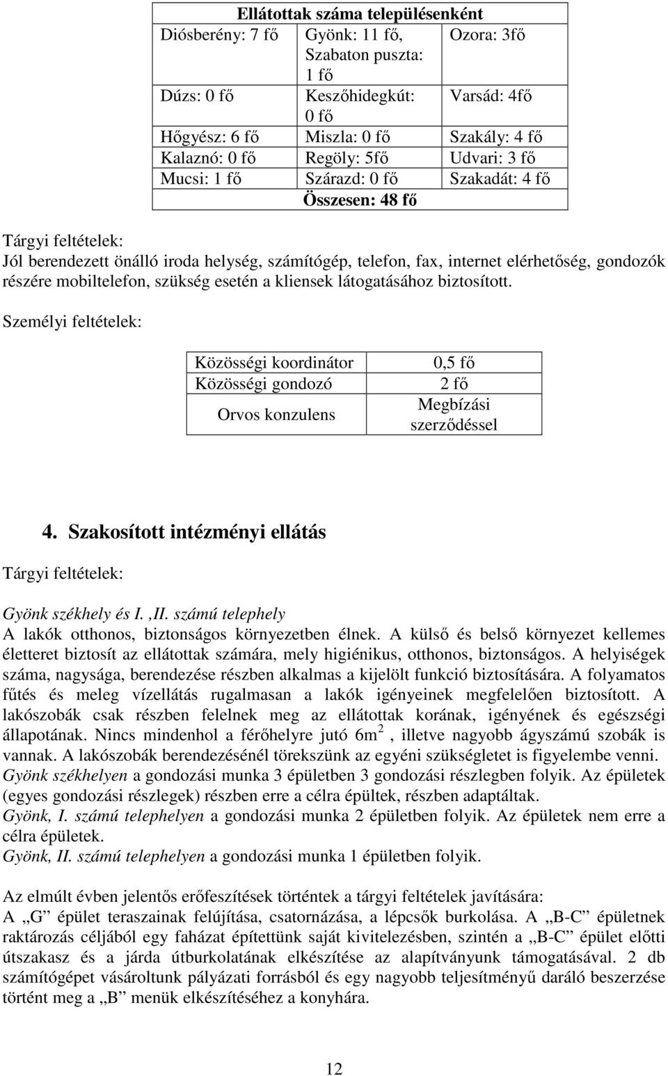 mobiltelefon, szükség esetén a kliensek látogatásához biztosított. Személyi feltételek: Közösségi koordinátor Közösségi gondozó Orvos konzulens 0,5 fő 2 fő Megbízási szerződéssel 4.