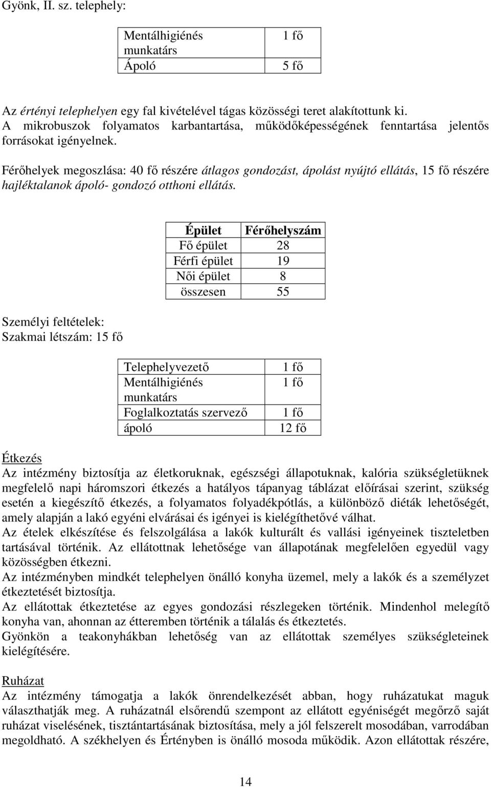 Férőhelyek megoszlása: 40 fő részére átlagos gondozást, ápolást nyújtó ellátás, 15 fő részére hajléktalanok ápoló- gondozó otthoni ellátás.