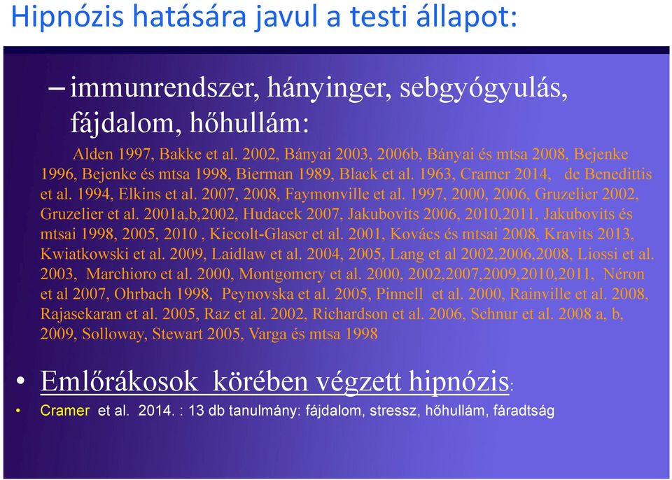 1997, 2000, 2006, Gruzelier 2002, Gruzelier et al. 2001a,b,2002, Hudacek 2007, Jakubovits 2006, 2010,2011, Jakubovits és mtsai 1998, 2005, 2010, Kiecolt-Glaser et al.