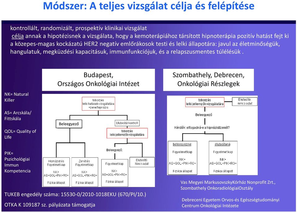 NK= Natural Killer Budapest, Országos Onkológiai Intézet Szombathely, Debrecen, Onkológiai Részlegek AS= Arcskála/ Fittskála QOL= Quality of LIfe Beleegyező PIK= Pszichológiai Immun Kompetencia TUKEB