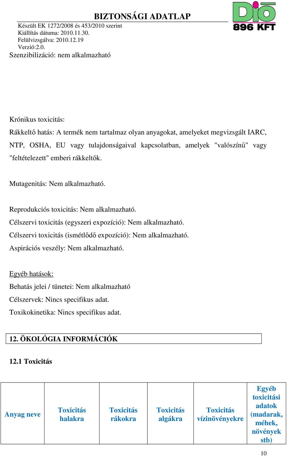 Célszervi toxicitás (ismétlődő expozíció): Nem alkalmazható. Aspirációs veszély: Nem alkalmazható. Egyéb hatások: Behatás jelei / tünetei: Nem alkalmazható Célszervek: Nincs specifikus adat.