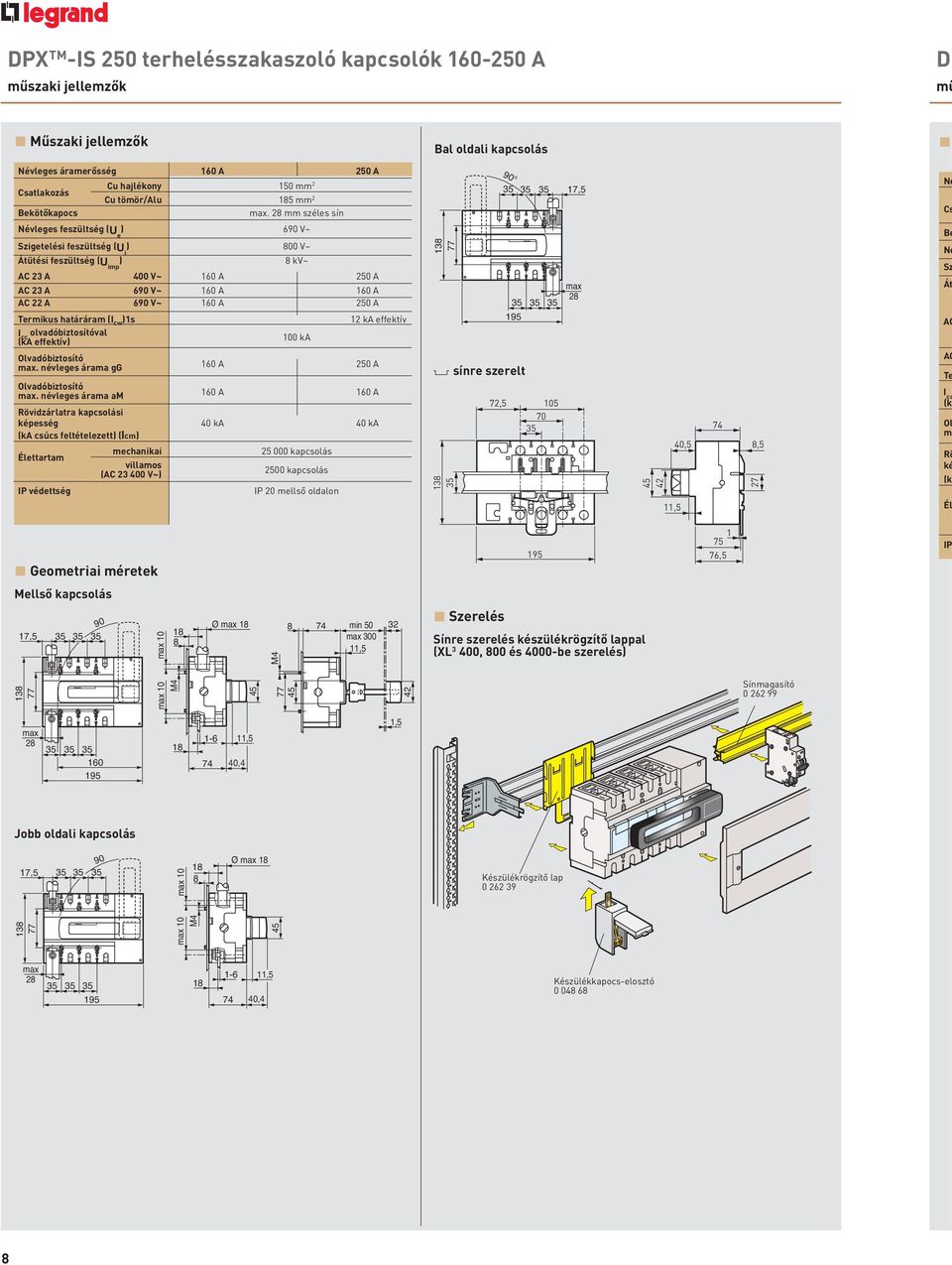 28 mm széles sín 90 35 35 35 7,5 Né Cs Névleges feszültség (U e ) 690 V~ Szigetelési feszültség (U i ) 800 V~ Átütési feszültség (U imp ) 8 kv~ AC 23 A 400 V~ 60 A 250 A AC 23 A 690 V~ 60 A 60 A AC