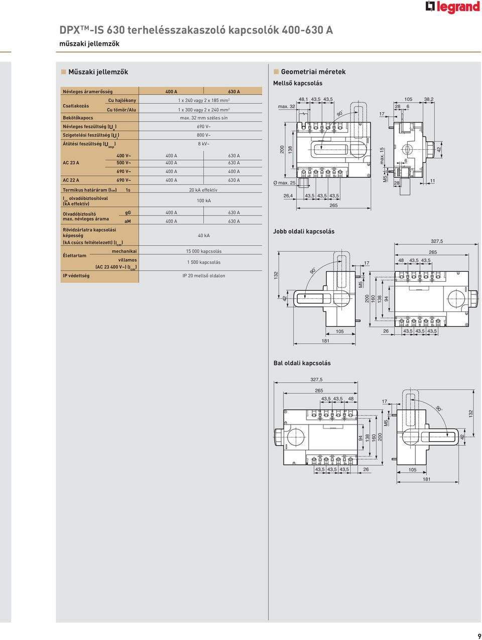 32 48, 43,5 43,5 90 7 28 05 6 38,2 Névleges feszültség (U e ) 690 V~ Szigetelési feszültség (U i ) 800 V~ Átütési feszültség (U imp ) 8 kv~ 400 V~ 400 A 630 A AC 23 A 500 V~ 400 A 630 A 200 38 max.