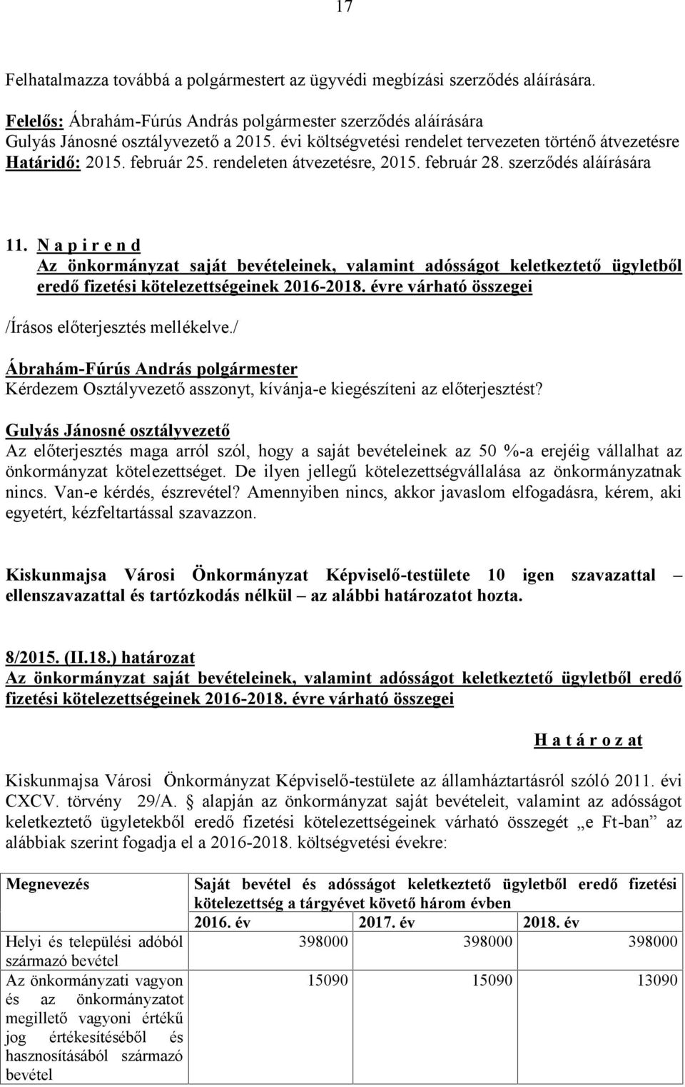 N a p i r e n d Az önkormányzat saját bevételeinek, valamint adósságot keletkeztető ügyletből eredő fizetési kötelezettségeinek 2016-2018.