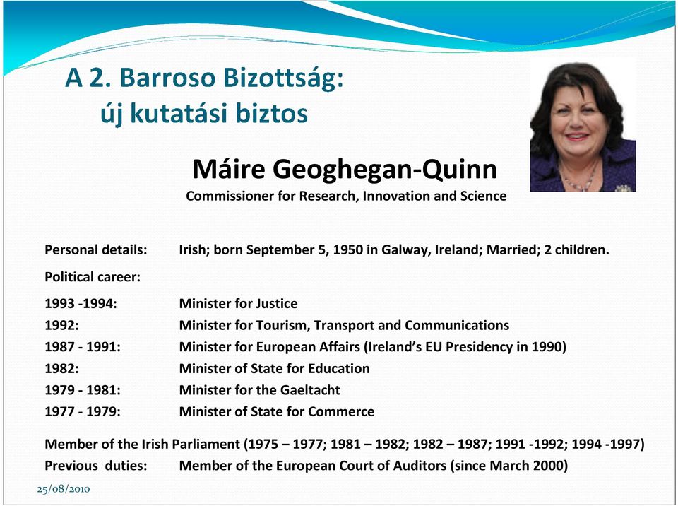 Political career: 1993-1994: Minister for Justice 1992: Minister for Tourism, Transport and Communications 1987-1991: Minister for European Affairs (Ireland s