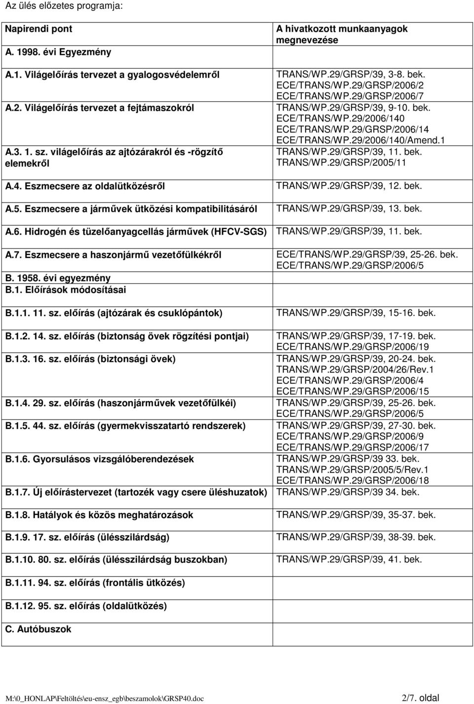 29/GRSP/39, 3-8. bek. ECE/TRANS/WP.29/GRSP/2006/2 ECE/TRANS/WP.29/GRSP/2006/7 TRANS/WP.29/GRSP/39, 9-10. bek. ECE/TRANS/WP.29/2006/140 ECE/TRANS/WP.29/GRSP/2006/14 ECE/TRANS/WP.29/2006/140/Amend.