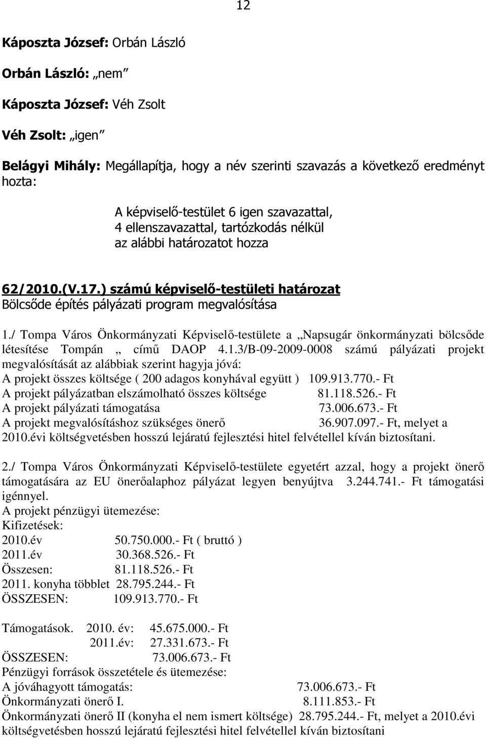 ) számú képviselő-testületi határozat Bölcsőde építés pályázati program megvalósítása 1./ Tompa Város Önkormányzati Képviselő-testülete a Napsugár önkormányzati bölcsőde létesítése Tompán című DAOP 4.