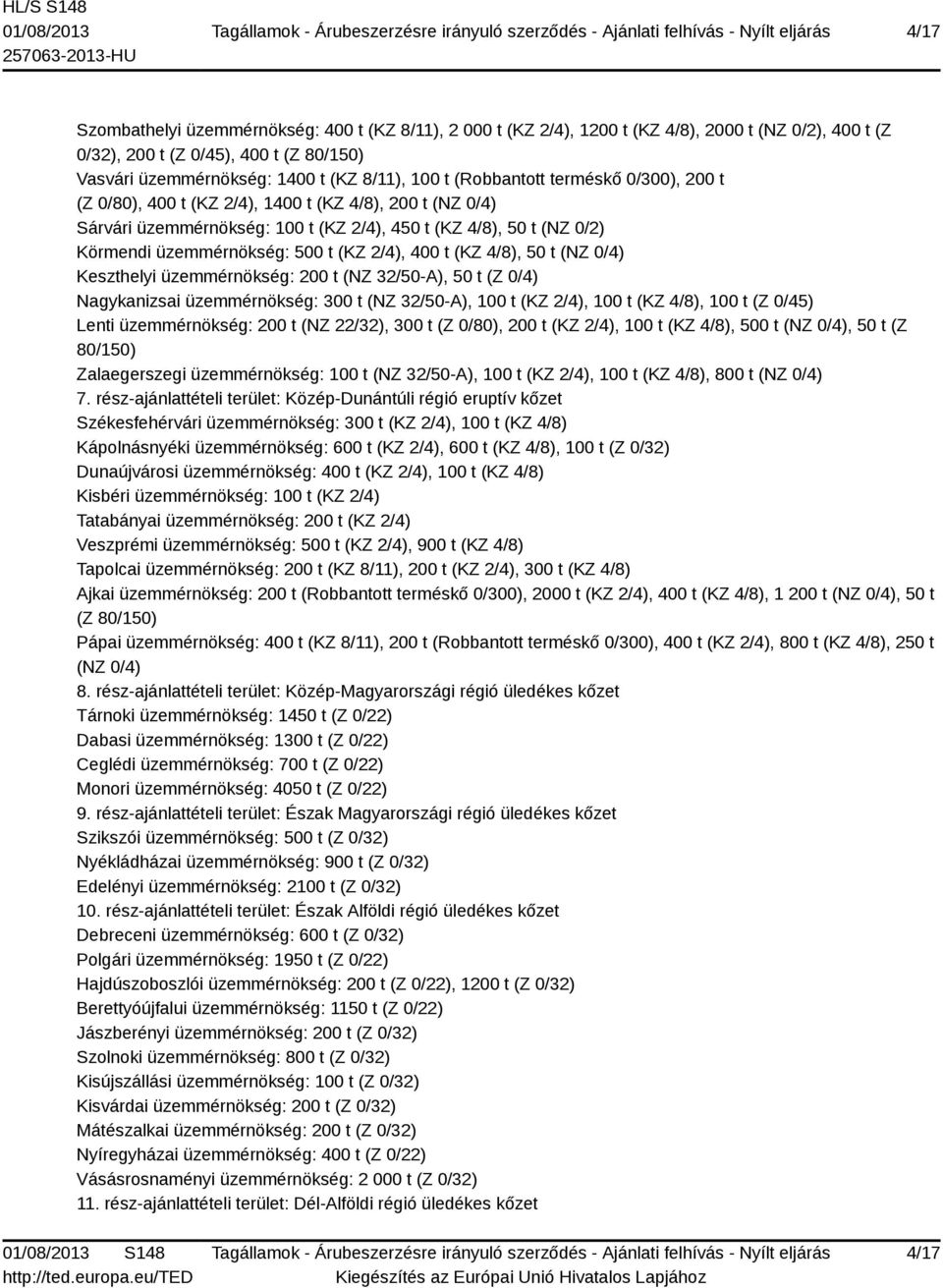 2/4), 400 t (KZ 4/8), 50 t (NZ 0/4) Keszthelyi üzemmérnökség: 200 t (NZ 32/50-A), 50 t (Z 0/4) Nagykanizsai üzemmérnökség: 300 t (NZ 32/50-A), 100 t (KZ 2/4), 100 t (KZ 4/8), 100 t (Z 0/45) Lenti