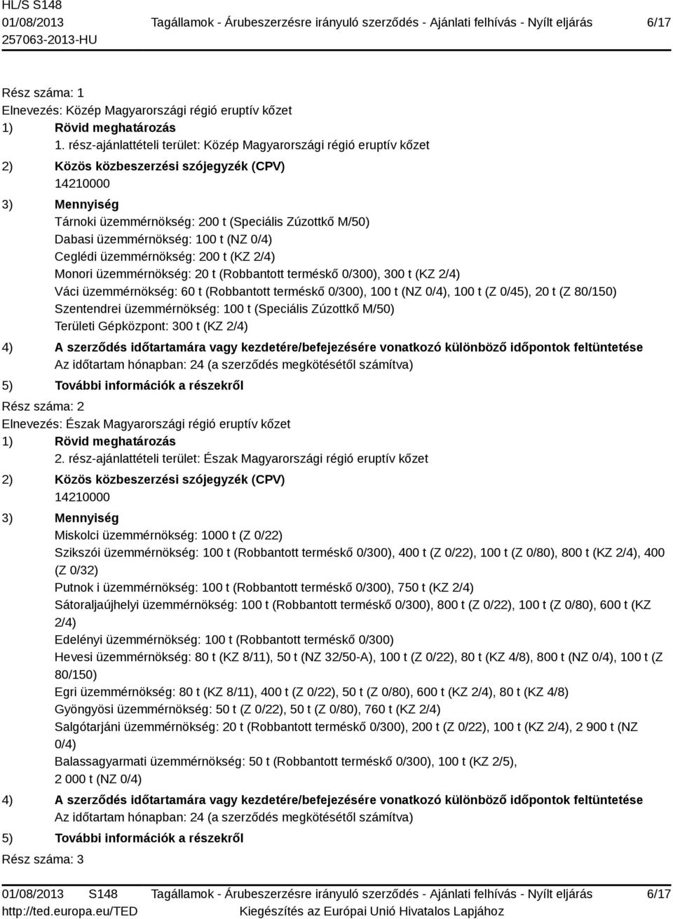 Monori üzemmérnökség: 20 t (Robbantott terméskő 0/300), 300 t (KZ 2/4) Váci üzemmérnökség: 60 t (Robbantott terméskő 0/300), 100 t (NZ 0/4), 100 t (Z 0/45), 20 t (Z 80/150) Szentendrei üzemmérnökség: