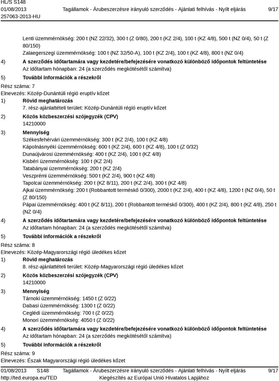 rész-ajánlattételi terület: Közép-Dunántúli régió eruptív kőzet Székesfehérvári üzemmérnökség: 300 t (KZ 2/4), 100 t (KZ 4/8) Kápolnásnyéki üzemmérnökség: 600 t (KZ 2/4), 600 t (KZ 4/8), 100 t (Z