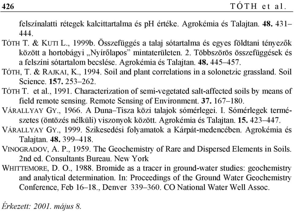 445 457. TÓTH, T. & RAJKAI, K., 1994. Soil and plant correlations in a solonetzic grassland. Soil Science. 157. 253 262. TÓTH T. et al., 1991.