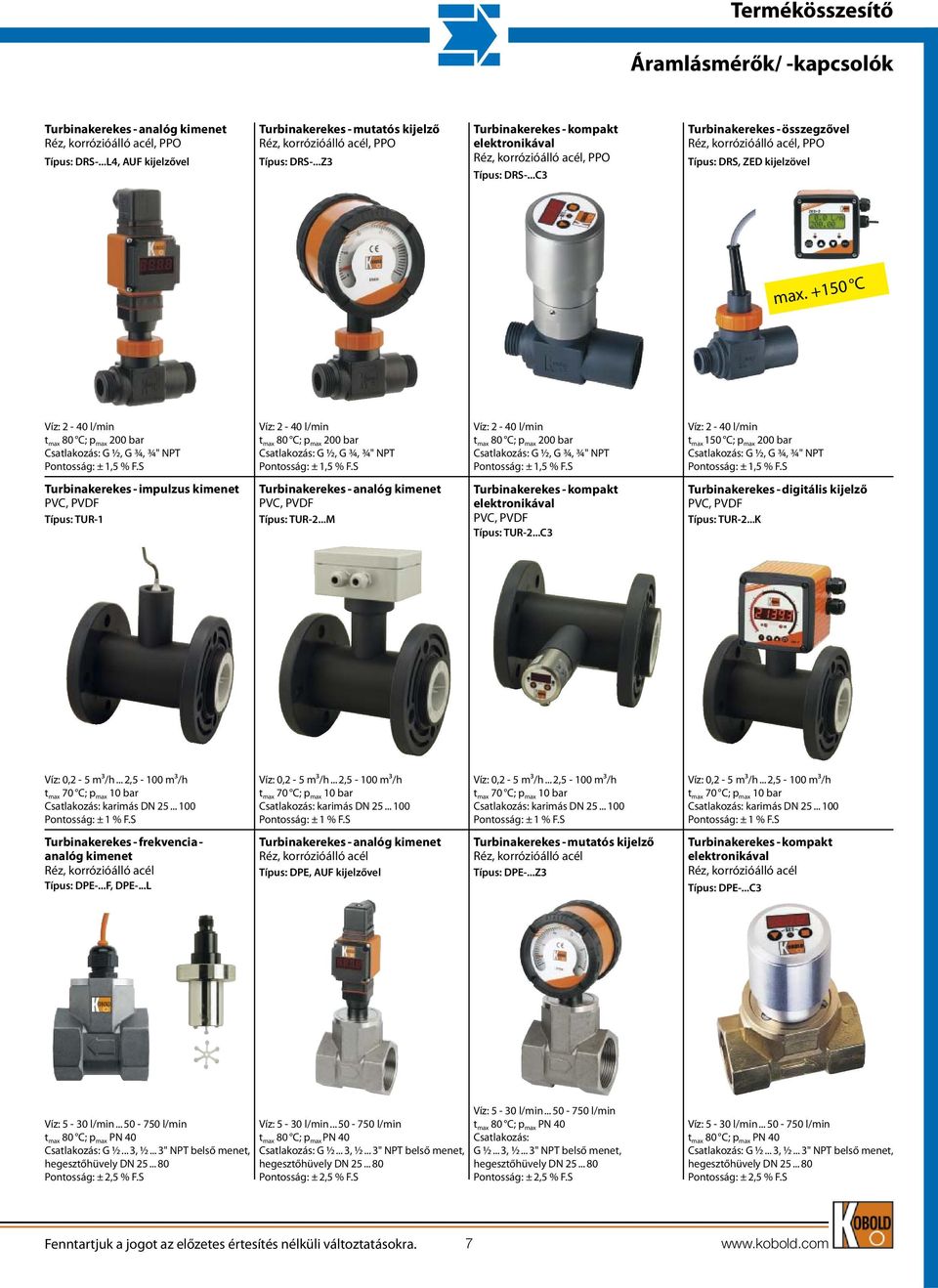 +150 C Víz: 2-40 l/min t max 80 C; p max 200 bar G ½, G ¾, ¾" NPT Pontosság: ± 1,5 % F.S Víz: 2-40 l/min t max 80 C; p max 200 bar G ½, G ¾, ¾" NPT Pontosság: ± 1,5 % F.