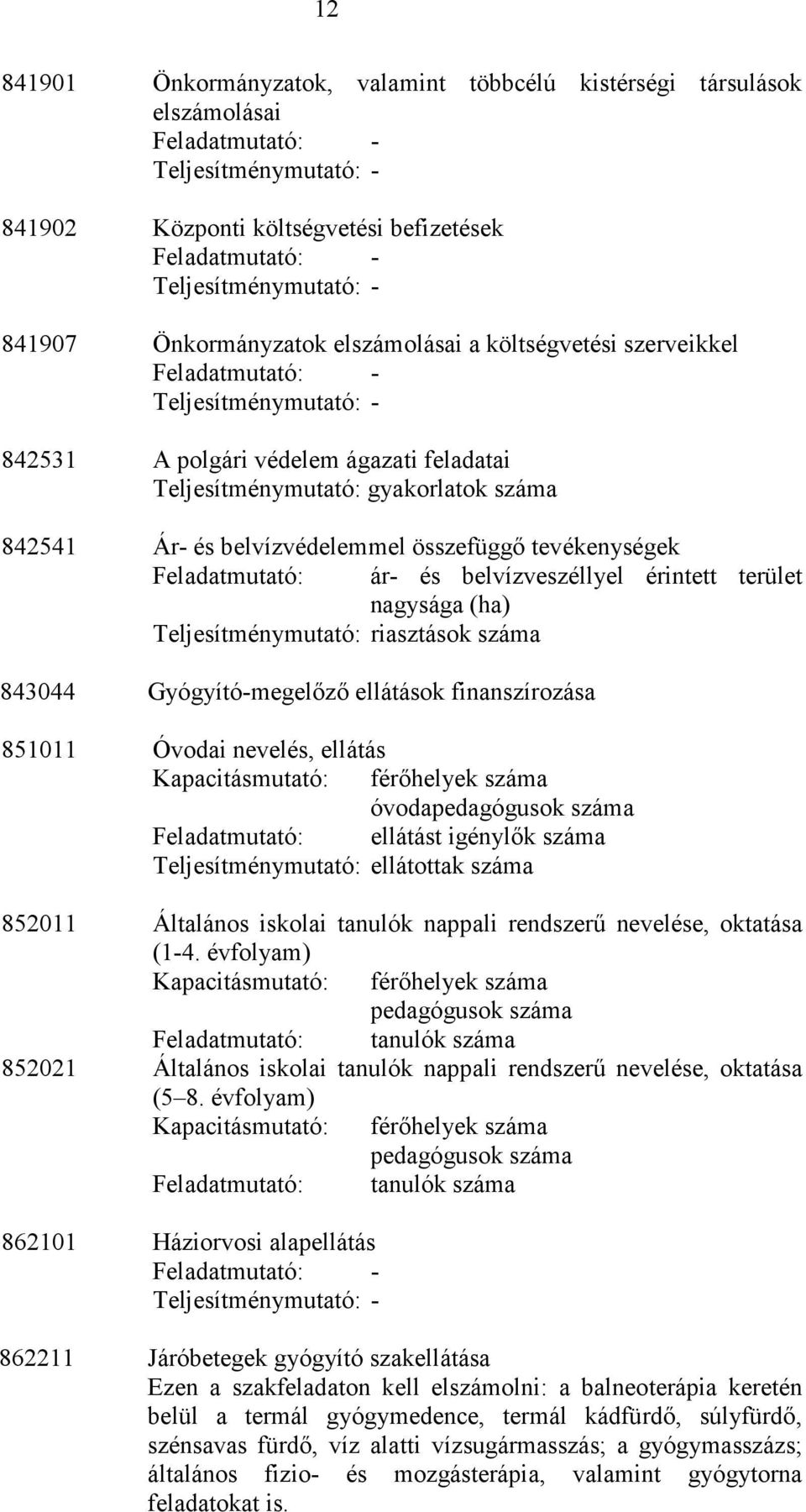 Teljesítménymutató: riasztások 843044 Gyógyító-megelızı ellátások finanszírozása 851011 Óvodai nevelés, ellátás Kapacitásmutató: férıhelyek óvodapedagógusok Teljesítménymutató: ellátottak 852011