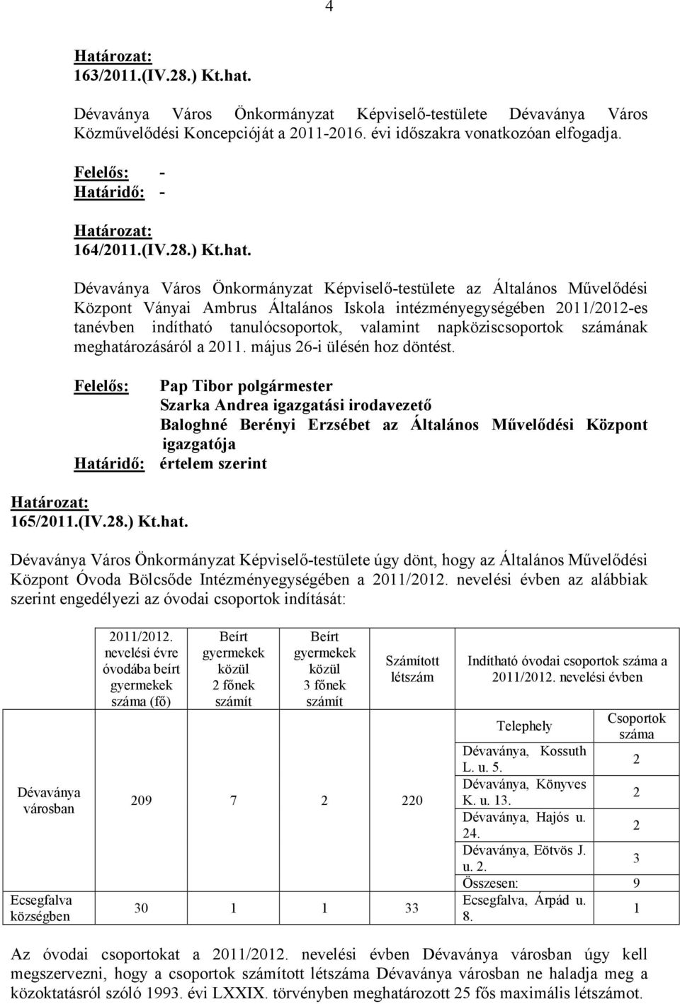 Dévaványa Város Önkormányzat Képviselı-testülete az Általános Mővelıdési Központ Ványai Ambrus Általános Iskola intézményegységében 2011/2012-es tanévben indítható tanulócsoportok, valamint