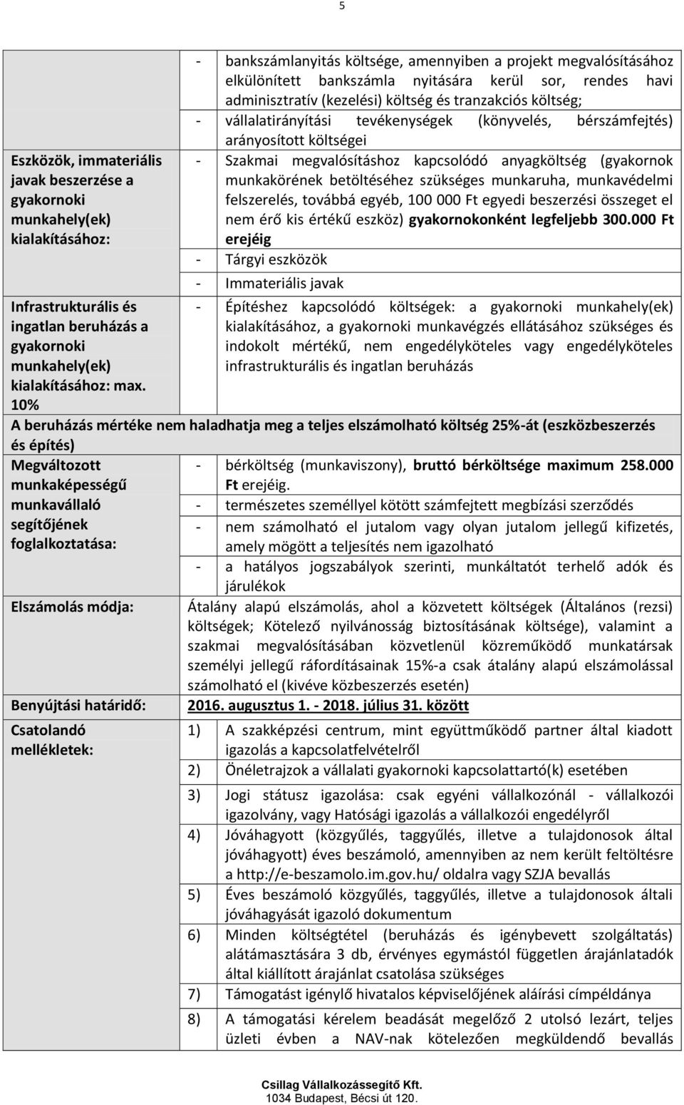 vállalatirányítási tevékenységek (könyvelés, bérszámfejtés) arányosított költségei - Szakmai megvalósításhoz kapcsolódó anyagköltség (gyakornok munkakörének betöltéséhez szükséges munkaruha,