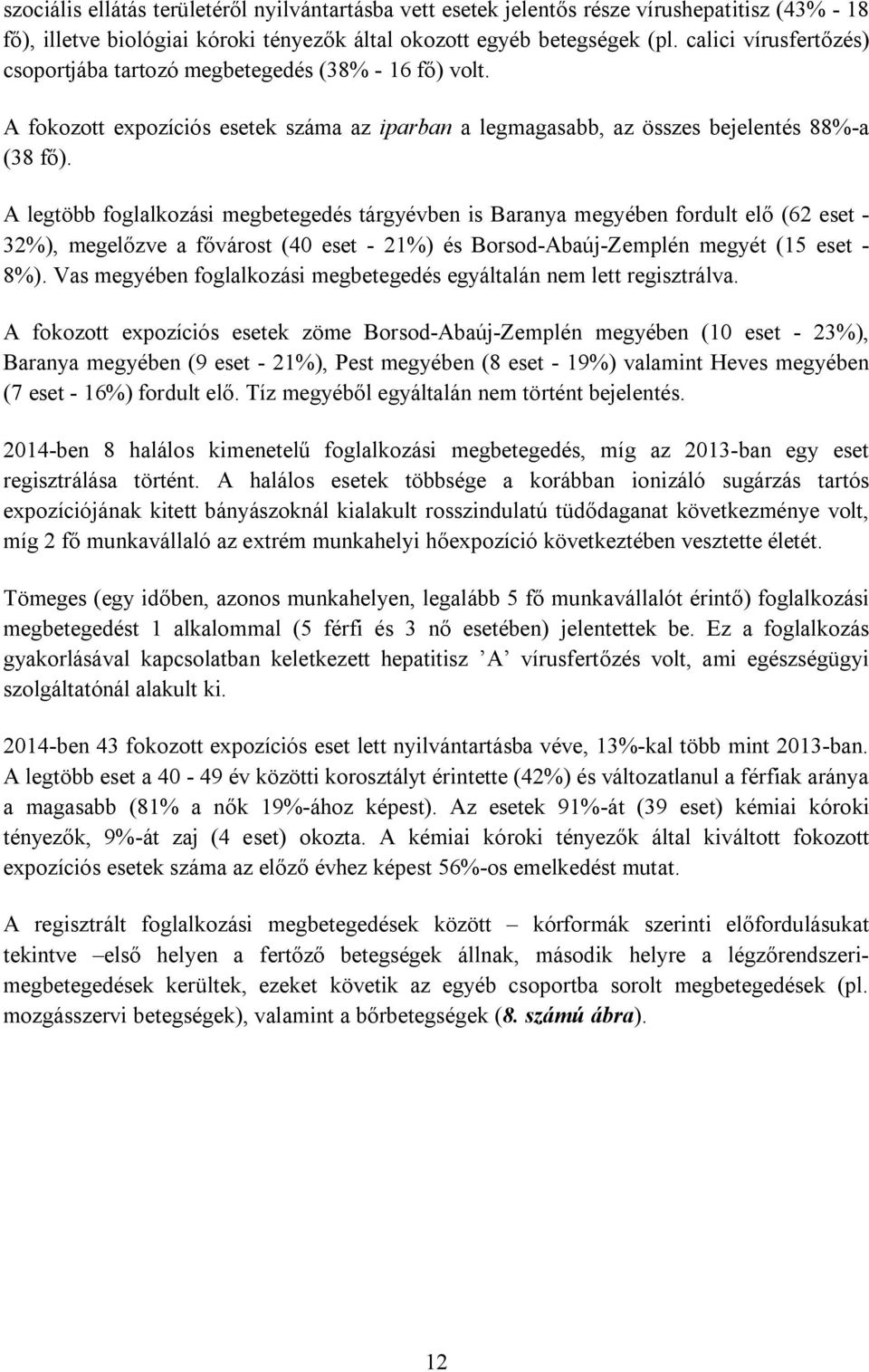 A legtöbb foglalkozási megbetegedés tárgyévben is Baranya megyében fordult elő (62 eset - 32%), megelőzve a fővárost (40 eset - 21%) és Borsod-Abaúj-Zemplén megyét (15 eset - 8%).