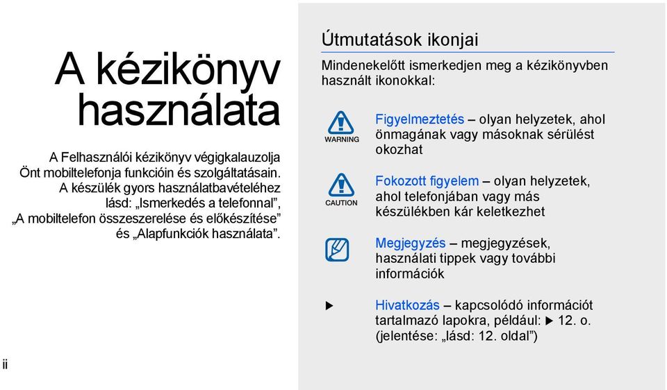 Útmutatások ikonjai Mindenekelőtt ismerkedjen meg a kézikönyvben használt ikonokkal: Figyelmeztetés olyan helyzetek, ahol önmagának vagy másoknak sérülést okozhat