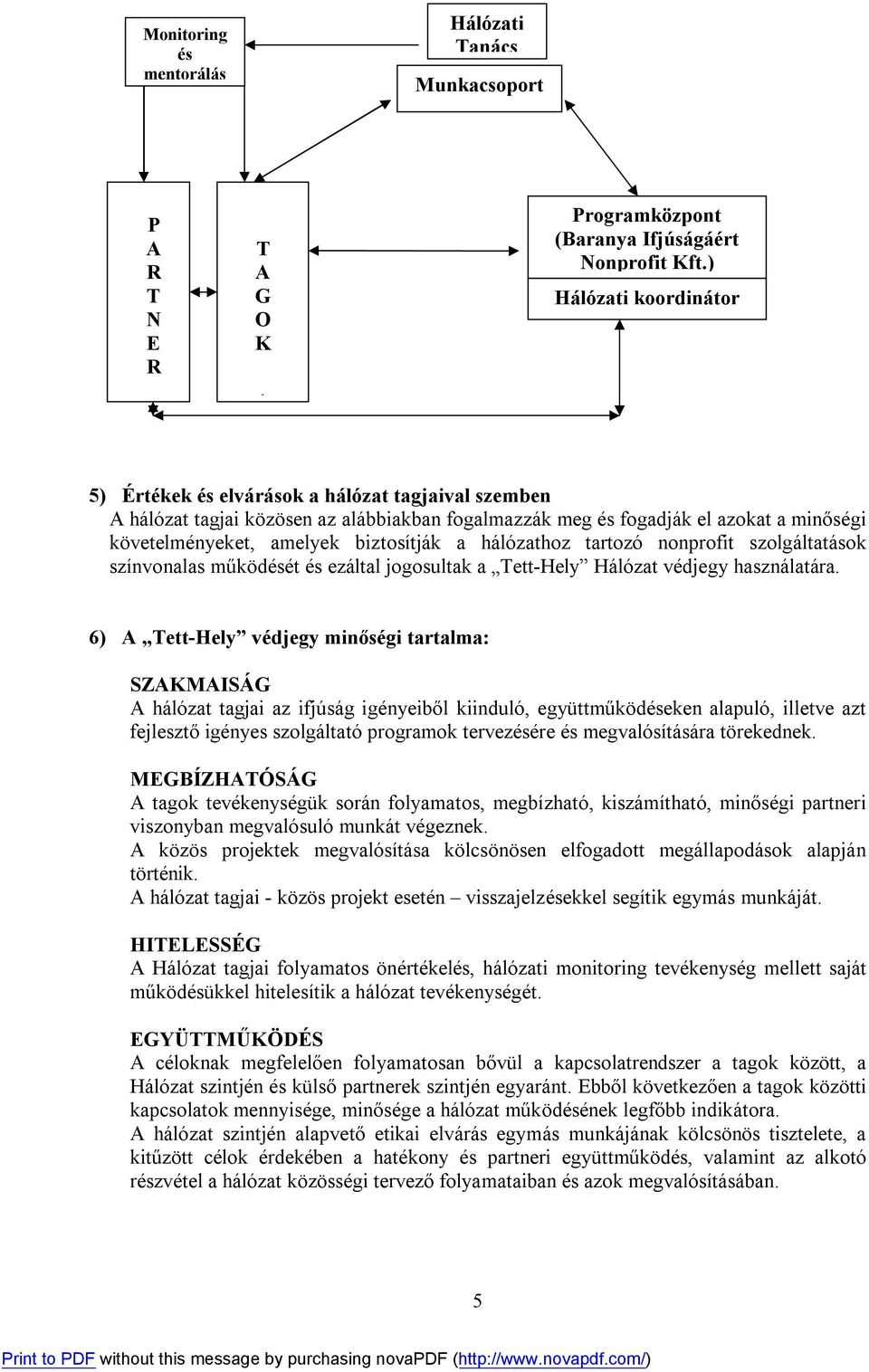 biztosítják a hálózathoz tartozó nonprofit szolgáltatások színvonalas működését és ezáltal jogosultak a Tett-Hely Hálózat védjegy használatára.