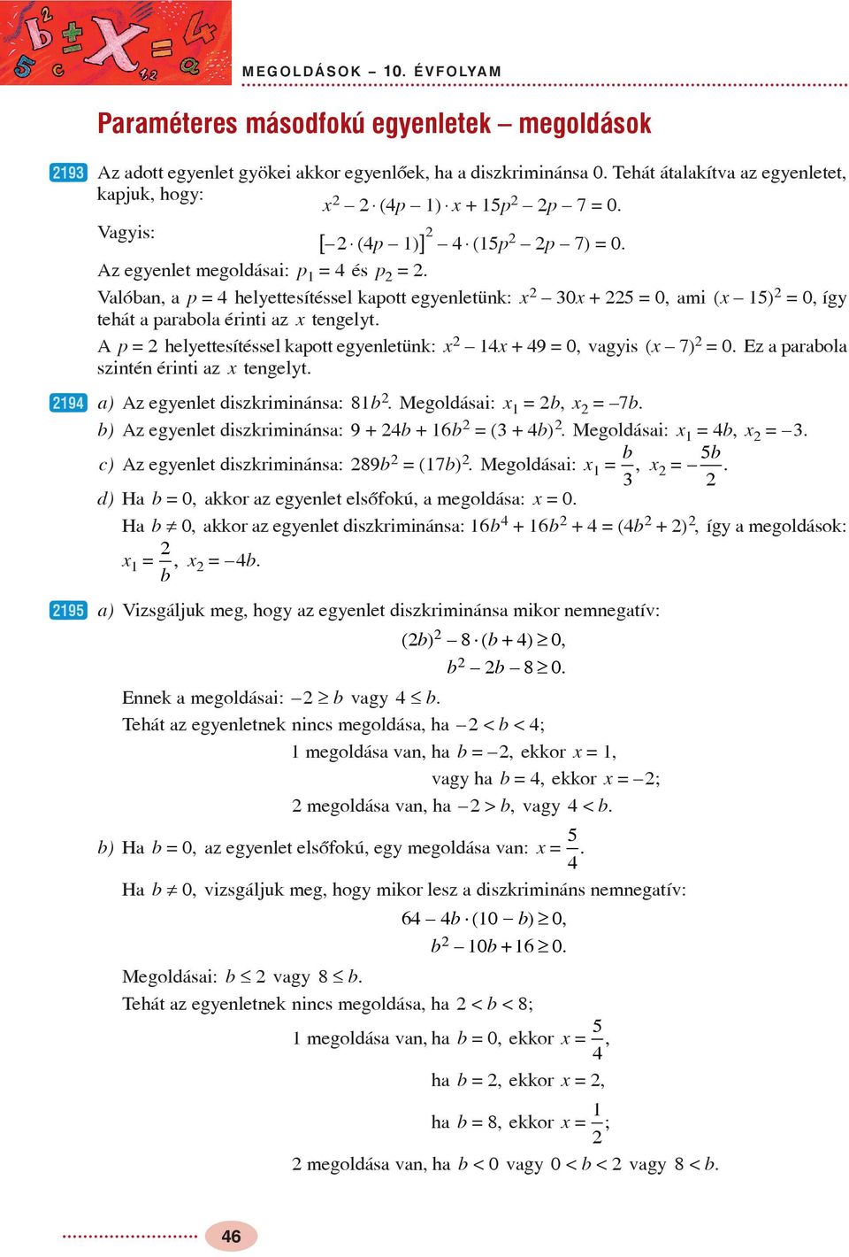 A p helettesítéssel kapott egenletünk: + 9, vagis ( 7). Ez a parabola szintén érinti az tengelt. a) Az egenlet diszkriminánsa: 8b. Megoldásai: b, 7b. b) Az egenlet diszkriminánsa: 9 + b + 6b ( + b).