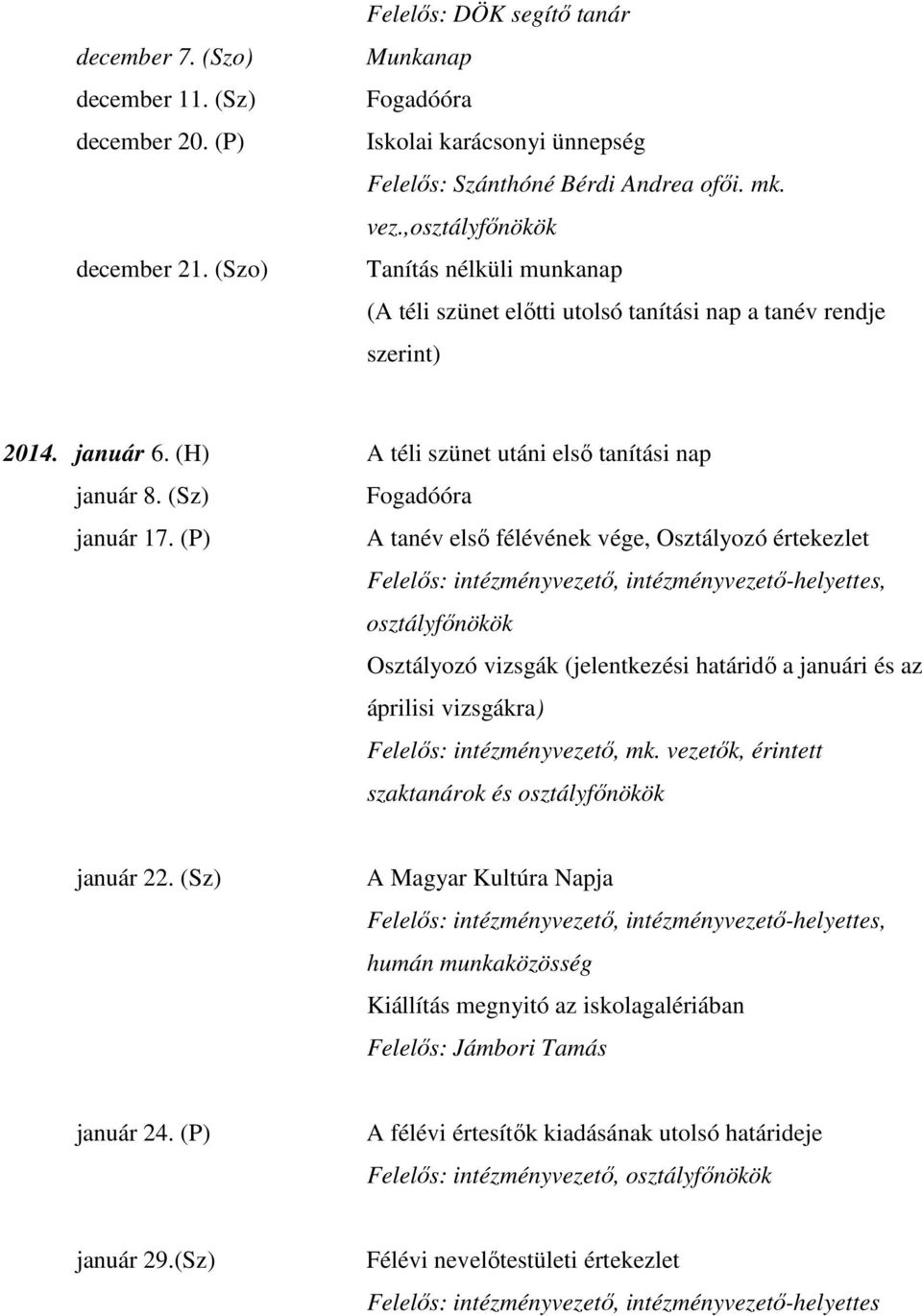 (P) A tanév első félévének vége, Osztályozó értekezlet, intézményvezető-helyettes, osztályfőnökök Osztályozó vizsgák (jelentkezési határidő a januári és az áprilisi vizsgákra), mk.