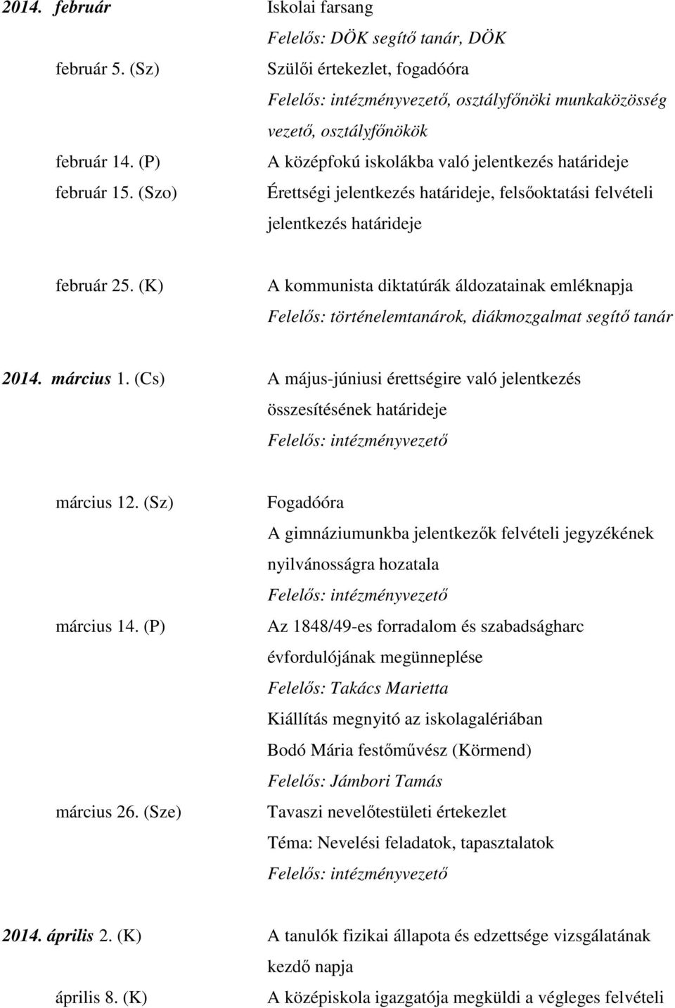 (K) A kommunista diktatúrák áldozatainak emléknapja Felelős: történelemtanárok, diákmozgalmat segítő tanár 2014. március 1.