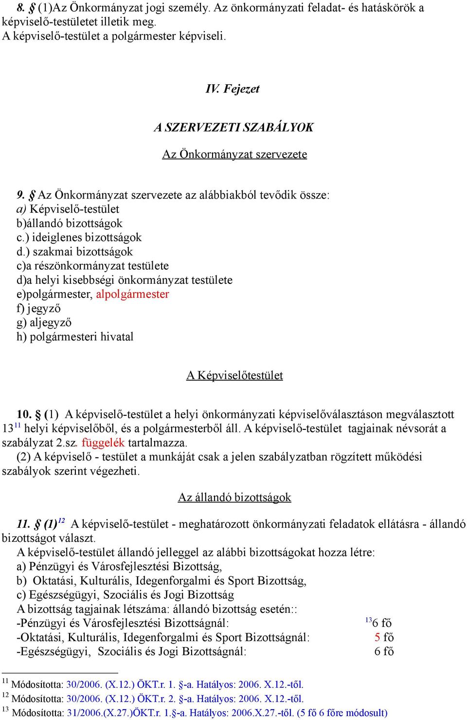 ) szakmai bizottságok c)a részönkormányzat testülete d)a helyi kisebbségi önkormányzat testülete e)polgármester, alpolgármester f) jegyző g) aljegyző h) polgármesteri hivatal A Képviselőtestület 10.