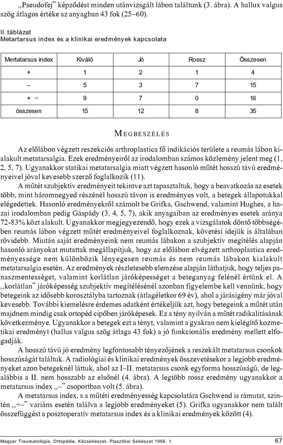 arthroplastica fô indikációs területe a reumás lábon kialakult metatarsalgia. Ezek eredményeirôl az irodalomban számos közlemény jelent meg (1, 2, 5, 7).