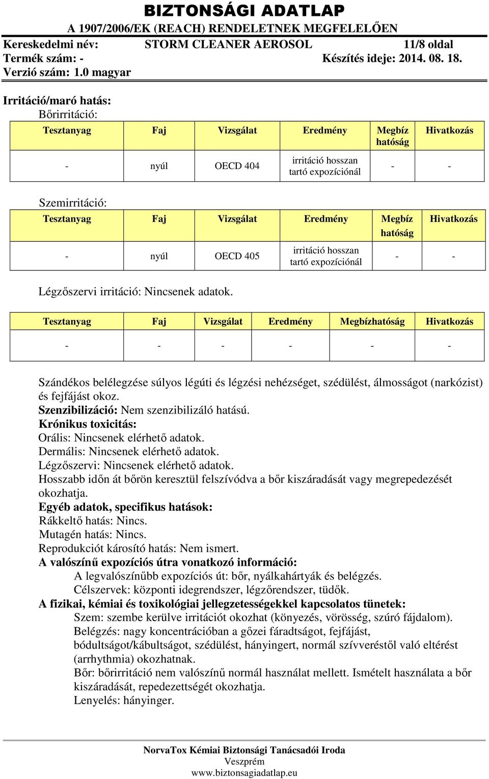 irritáció hosszan tartó expozíciónál Hivatkozás - - Tesztanyag Faj Vizsgálat Eredmény Megbízhatóság Hivatkozás - - - - - - Szándékos belélegzése súlyos légúti és légzési nehézséget, szédülést,