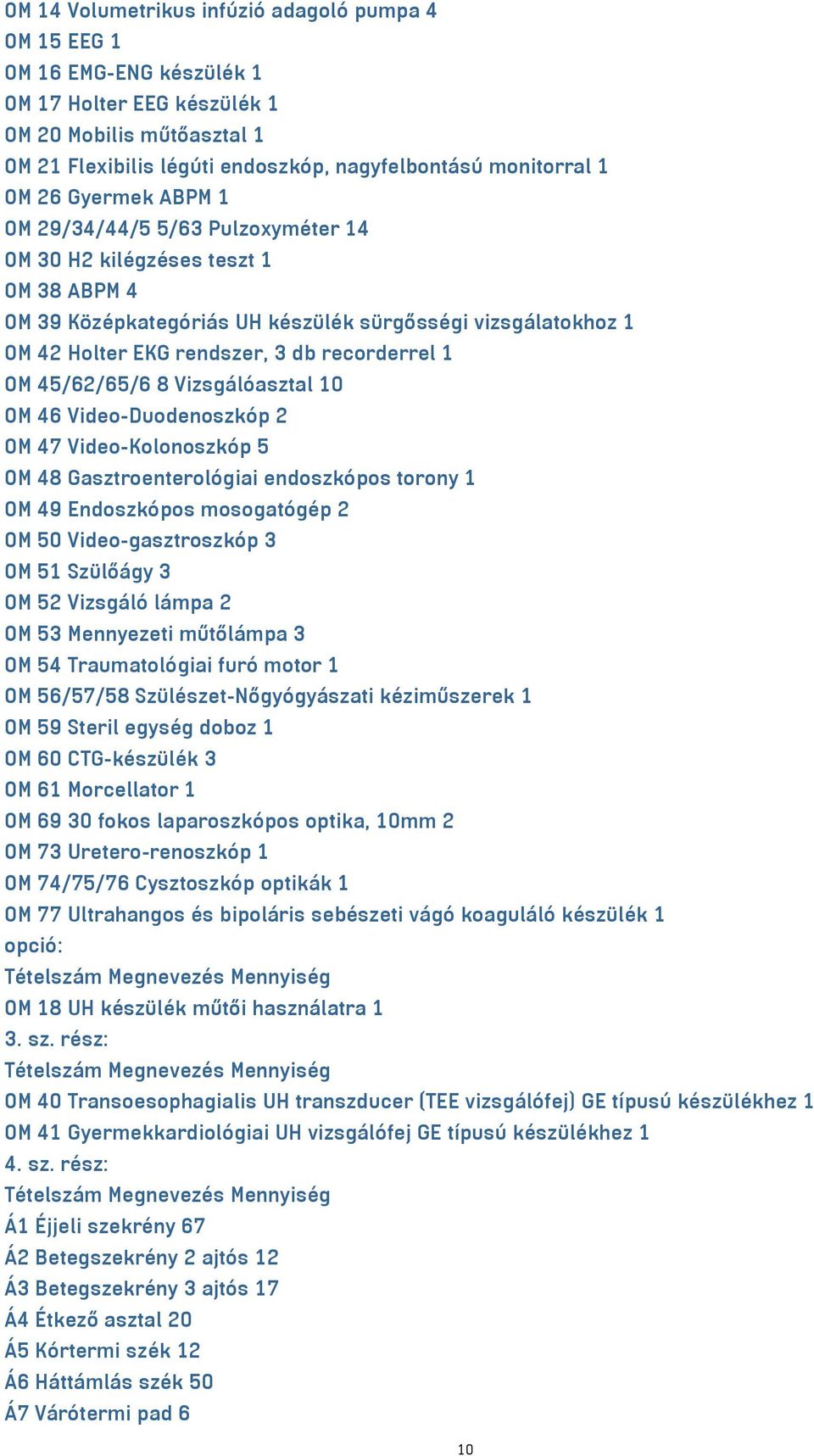 recorderrel 1 OM 45/62/65/6 8 Vizsgálóasztal 10 OM 46 Video-Duodenoszkóp 2 OM 47 Video-Kolonoszkóp 5 OM 48 Gasztroenterológiai endoszkópos torony 1 OM 49 Endoszkópos mosogatógép 2 OM 50