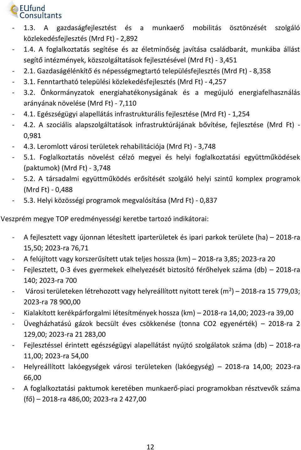 2.1. Gazdaságélénkítő és népességmegtartó településfejlesztés (Mrd Ft) - 8,358-3.1. Fenntartható települési közlekedésfejlesztés (Mrd Ft) - 4,257-3.2. Önkormányzatok energiahatékonyságának és a megújuló energiafelhasználás arányának növelése (Mrd Ft) - 7,110-4.